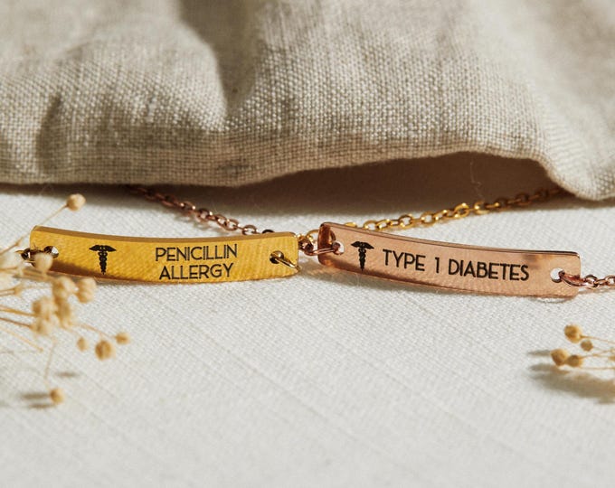 Medical Alert Bracelet  • Medical ID Tag Jewelry • Woman Man Kids Child • Autism Allergy Type 1 Diabetes Sign • Custom Engraved Bar