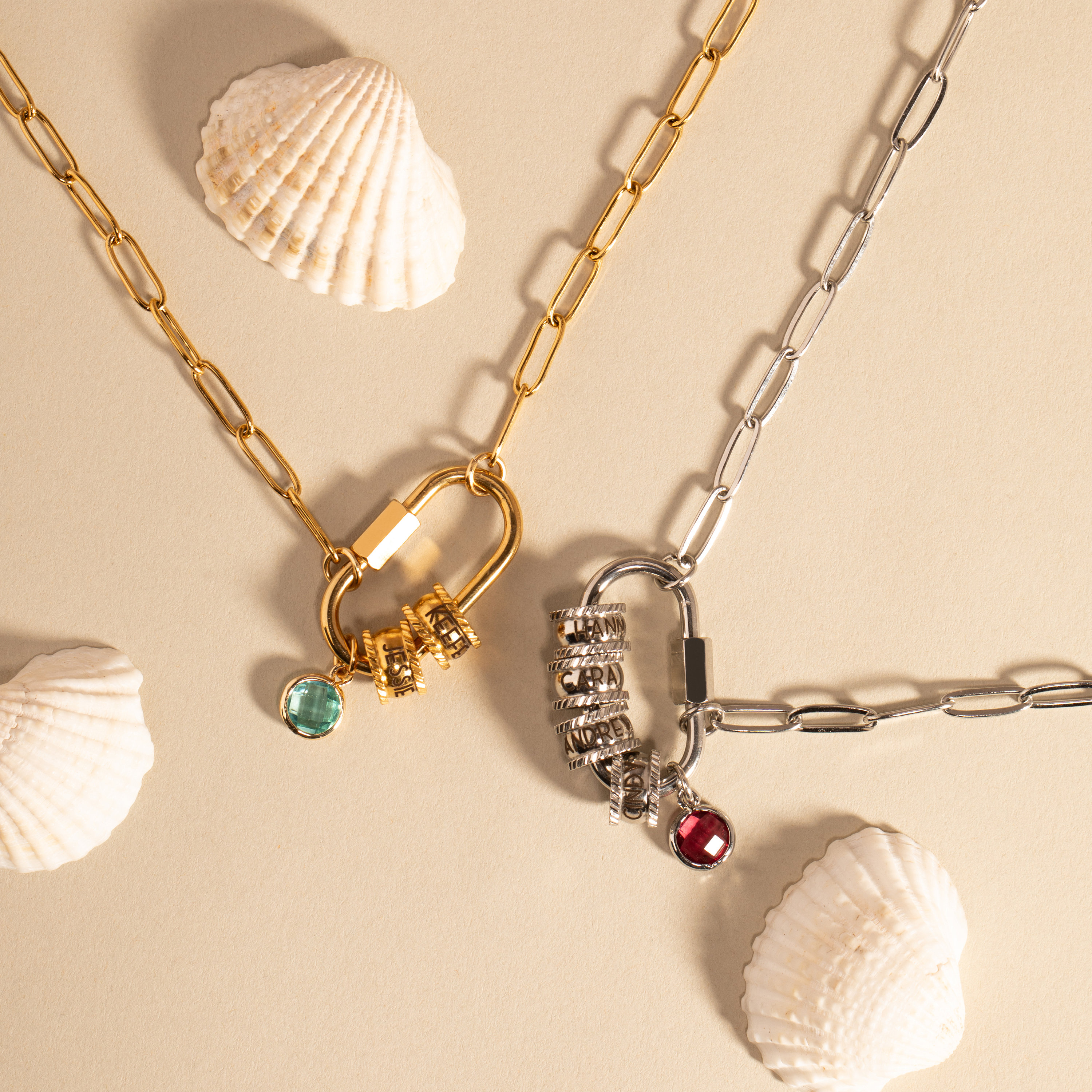 Carabiner Name Charm Necklace for Mom, Lock Necklace with Birthstone, Personalized Multiple Name Necklace for Mom
