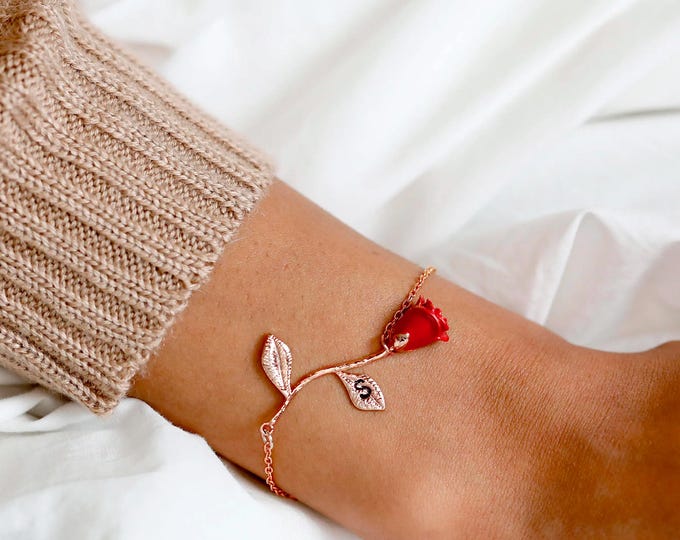 Rose Bracelet Gift for Her Beauty And The Beast Jewelry Personalized Flower Bracelet Initial Charm For BFF Bridesmaid Gift