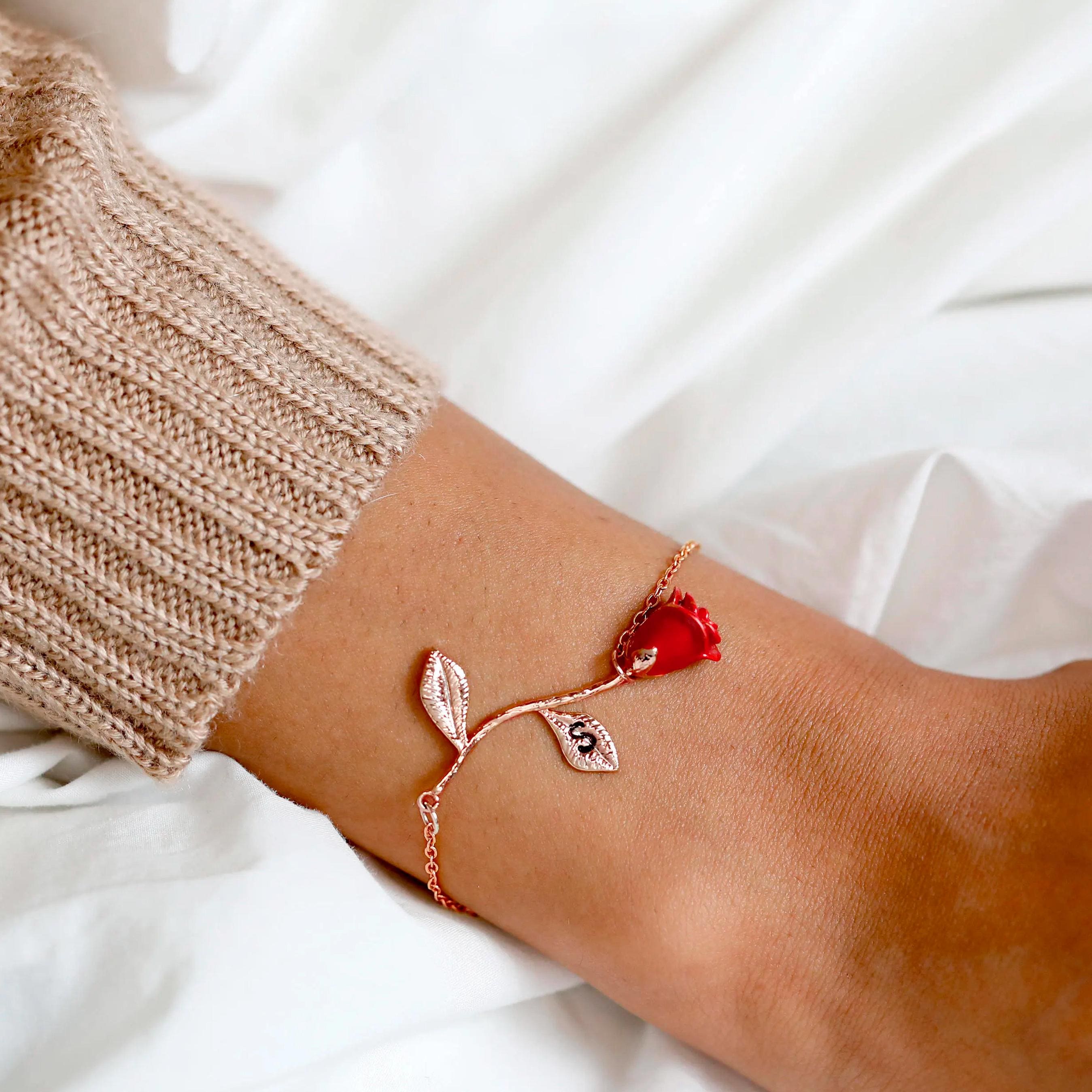 Rose Bracelet Gift for Her Beauty And The Beast Jewelry Personalized Flower Bracelet Initial Charm For BFF Bridesmaid Gift Mother&#39;s day gift