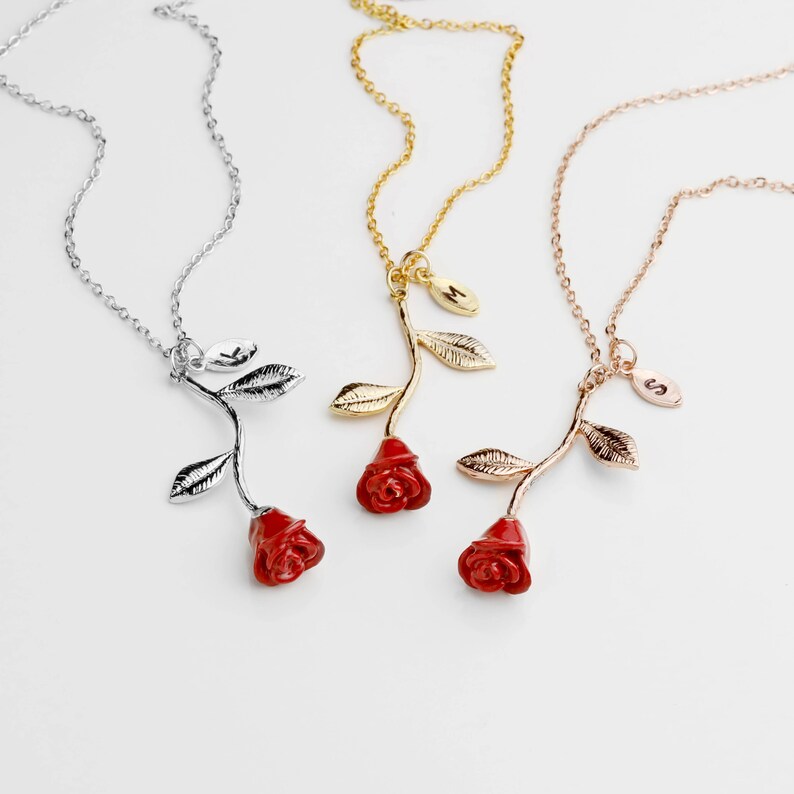 Rose Necklace With Initial Rose Pendant Necklace for Women Etsy