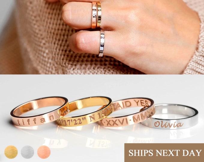 Custom Engraved Stackable Rings Unique Holiday Gift Personalized Name Matching Rings Engagement Ring Gifts for Mom Promise Ring for Him