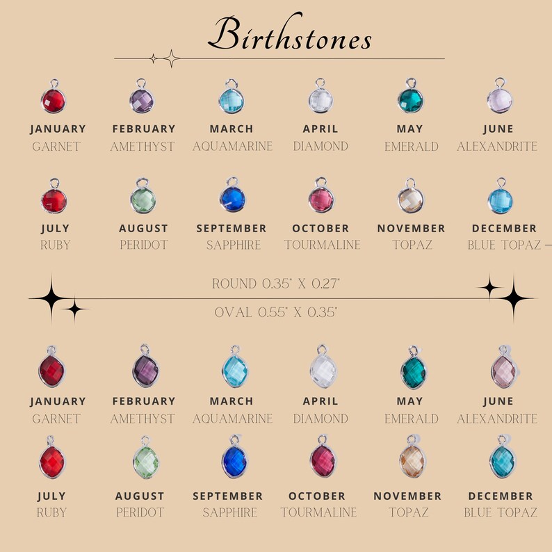 Birthstone charm collection featuring garnet, amethyst, aquamarine, diamond, emerald, alexandrite, ruby, peridot, sapphire, tourmaline, topaz, and blue topaz. Perfect for creating personalized and meaningful jewelry.