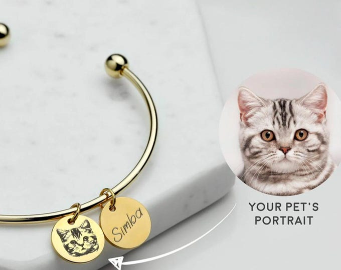 Pet Memorial Bracelet Dog Portrait Cuff Bracelet Pet Lovers Animal Pendant Cat Bracelet Birthday Gift for Pet Mom Personalized Engraved