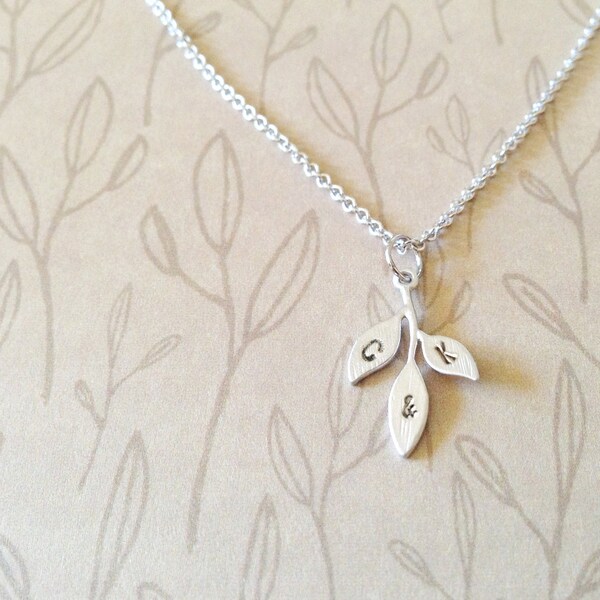 Delicate Three Leaf Initial Charm Necklace, Dainty Necklace with Personalized Hand Stamping, Bridesmaid Gift, Graduation gift, Celebration