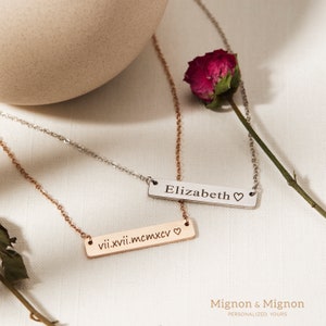 Customizable bar necklace for women, ideal for personalizing with names, coordinates, or messages. Perfect as personalized jewelry, name necklace, or coordinates necklace. Great as a gift for birthdays, Christmas, or a mother necklace in gold.