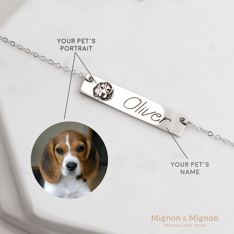 Custom pet portrait bar necklaces with pet names, available in gold, silver, or rose gold. A thoughtful gift for pet lovers and a beautiful way to keep cherished pets close. Ideal for personalized jewelry, memorial gifts, or cat and dog moms