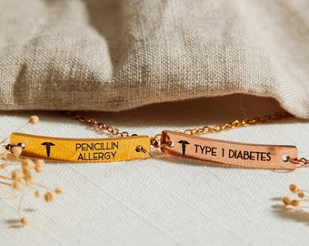 Bracelet d'alerte médicale • Bijoux avec plaque d'identification médicale • Femme homme, enfant, enfant • Signe du diabète, allergie à l'autisme de type 1 • Barre gravée personnalisée