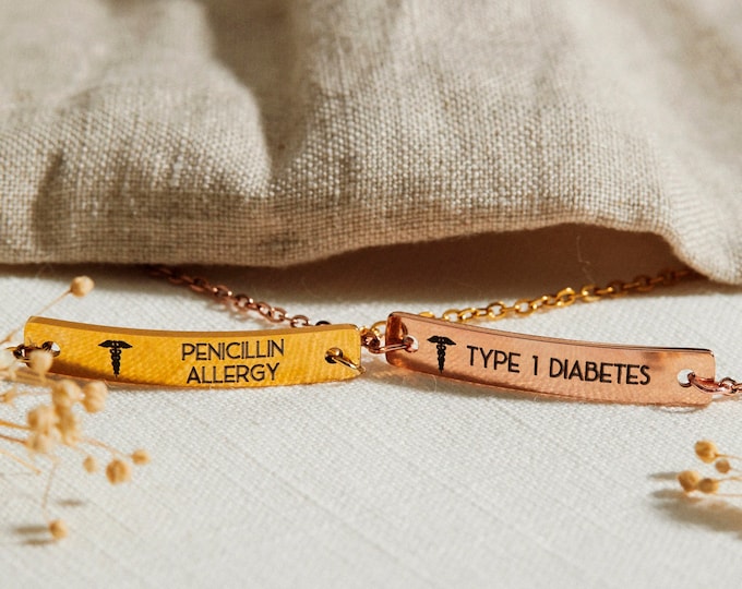 Medical Alert Bracelet  • Medical ID Tag Jewelry • Woman Man Kids Child • Autism Allergy Type 1 Diabetes Sign • Custom Engraved Bar