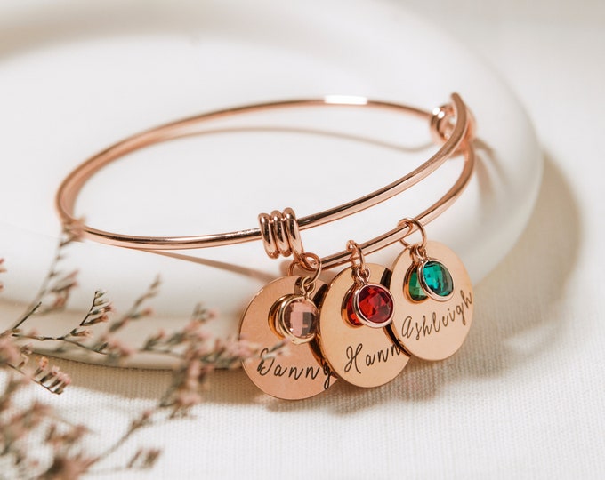 Birthstone Personalized Bracelet Mom Gift for Women Jewelry Family Birthstone Custom Amethyst Birthday Gift Engraved Bracelet for Women
