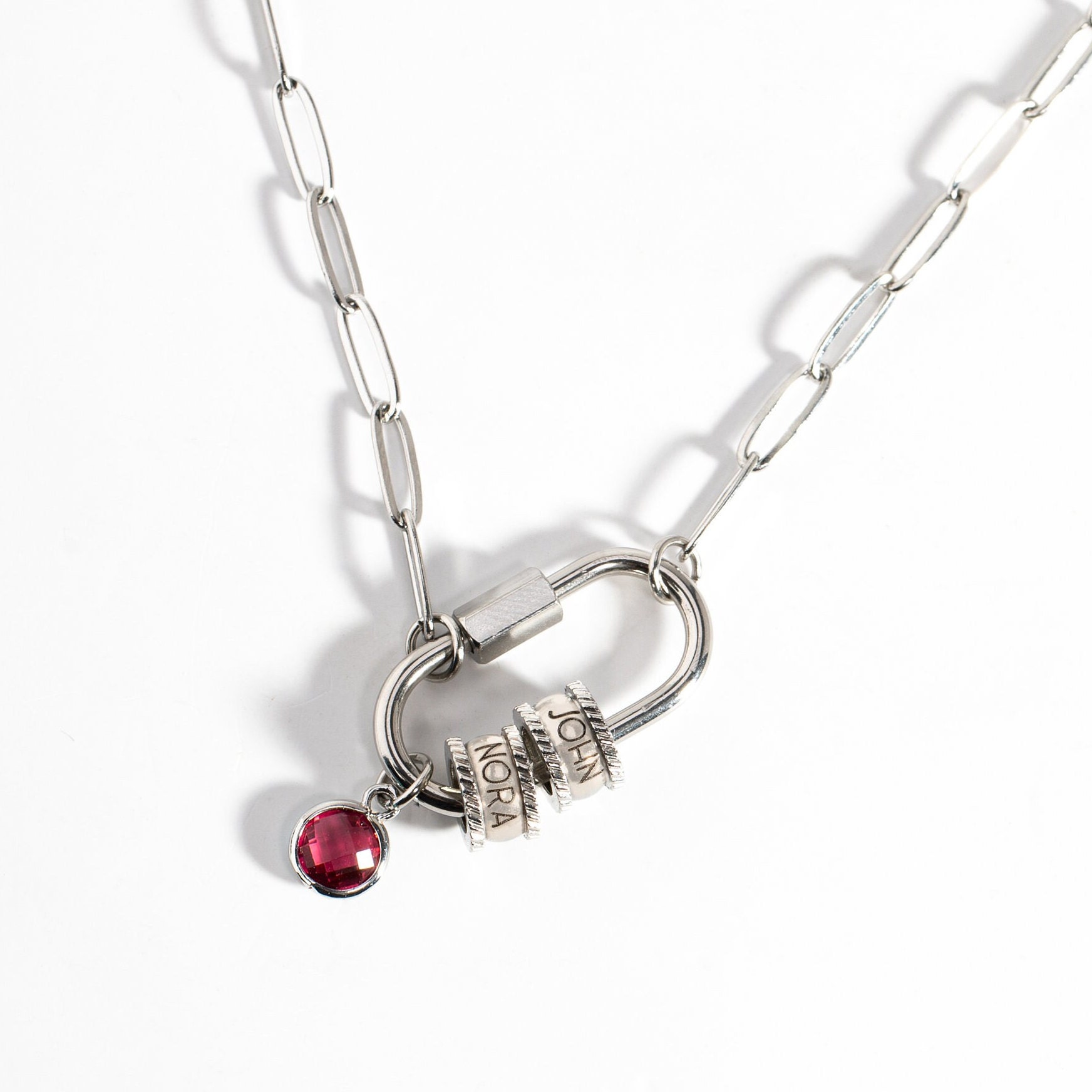 Carabiner Name Charm Necklace for Mom, Lock Necklace with Birthstone, Personalized Multiple Name Necklace for Mom