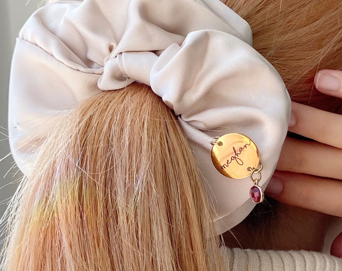 Personalized Scrunchie with Birthstone Hairband for Bridal Shower with Name Hair Tie Engraved Name Coin Hair Band for Moms