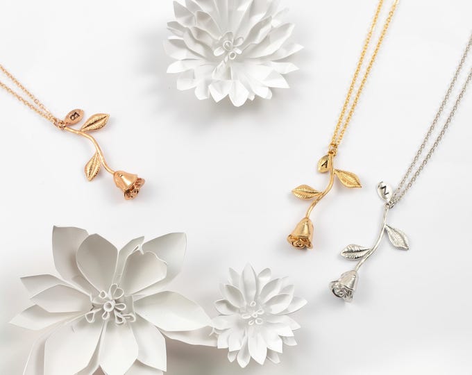 Rose Necklace With Initials Beauty And The Beast Rose Necklaces For Women Personalized Rose Gold Flower Girl Jewelry Nature Lover Gift