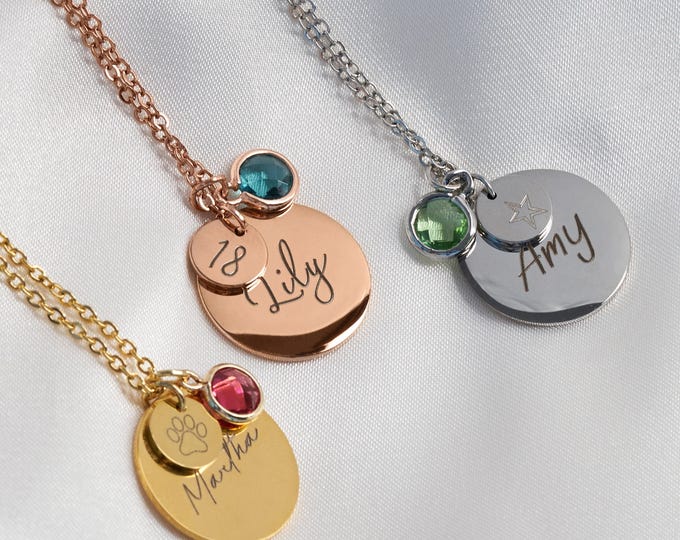 Personalized Birthstones Necklace for Women Graduation Gift Name Coin Unique Birthday Gift Handmade Engraved Spring Jewelry Emerald Necklace
