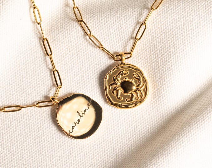 Personalized Gold Wax Seal Necklace on Paperclip Chain | Custom Engraved Back | Gemini Zodiac Sign Necklace | Unique Jewelry Gift for Her