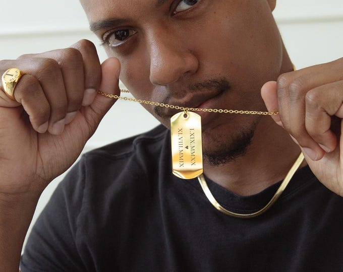 Gold Dog Tag Necklace for Him, Personalized Gift for Boyfriend, Custom Jewelry for Men, Engraved Military Tag Necklace, Father's Day Gift