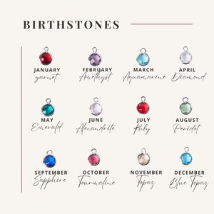 May include: A chart showing the birthstones for each month of the year. The chart features a small charm with a gemstone for each month. The gemstones are: Garnet, Amethyst, Aquamarine, Diamond, Emerald, Alexandrite, Ruby, Peridot, Sapphire, Tourmaline, Topaz, and Blue Topaz.