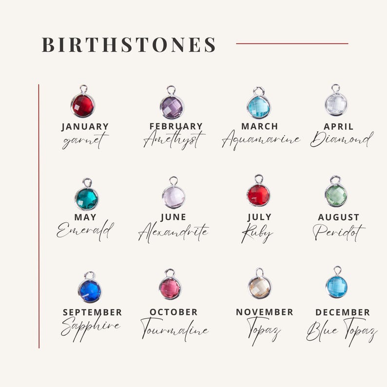 May include: A chart showing the birthstones for each month of the year. The chart features a small charm with a gemstone for each month. The gemstones are: Garnet, Amethyst, Aquamarine, Diamond, Emerald, Alexandrite, Ruby, Peridot, Sapphire, Tourmaline, Topaz, and Blue Topaz.