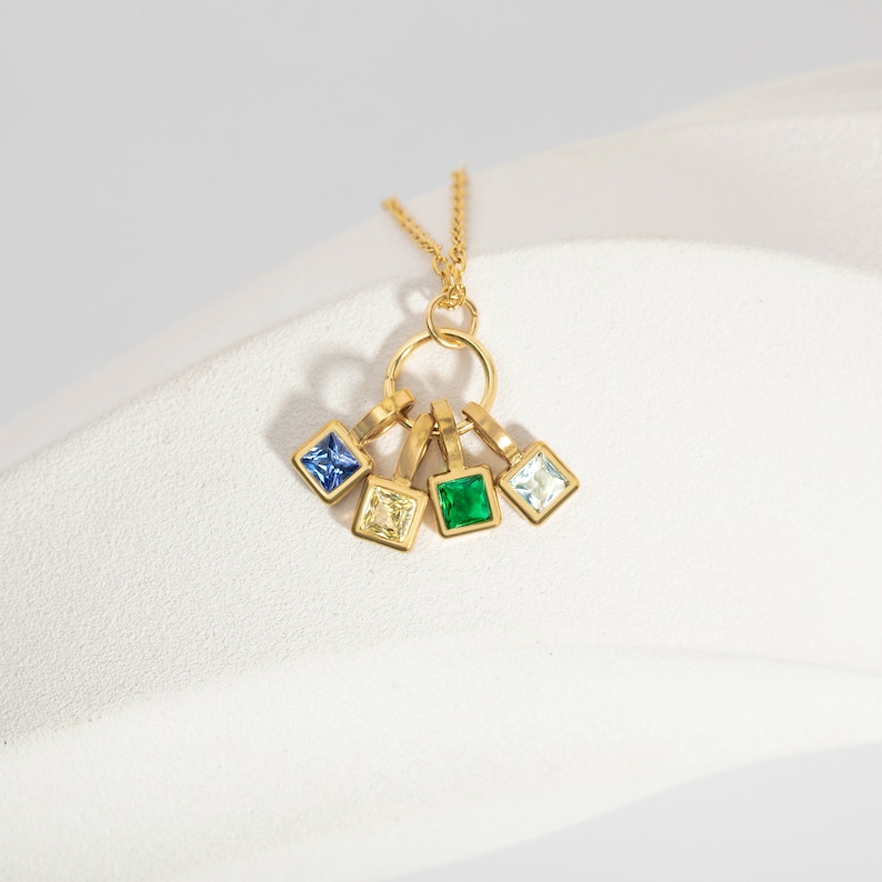 Family Birthstone Gold Necklace for Mother's Day, Grandma Gift, Square Birthstone Necklace, Emerald Alexandrite Necklace image 4