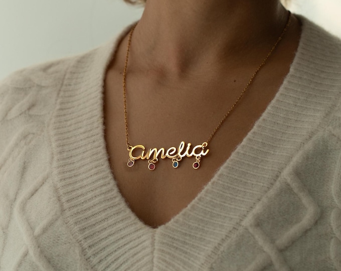 Personalized Birthstone Name Necklace Custom Gold Necklace for Moms with Kids Birthstones, Meaningful Family Jewelry Valentines Gift for Her