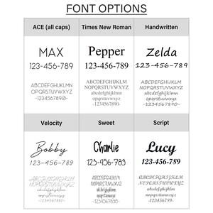 May include: A chart showing different font options for names and phone numbers. The options include ACE (all caps), Times New Roman, and Handwritten. Each option has a sample name and phone number. The names are Max, Pepper, Zelda, Bobby, Charlie, and Lucy.