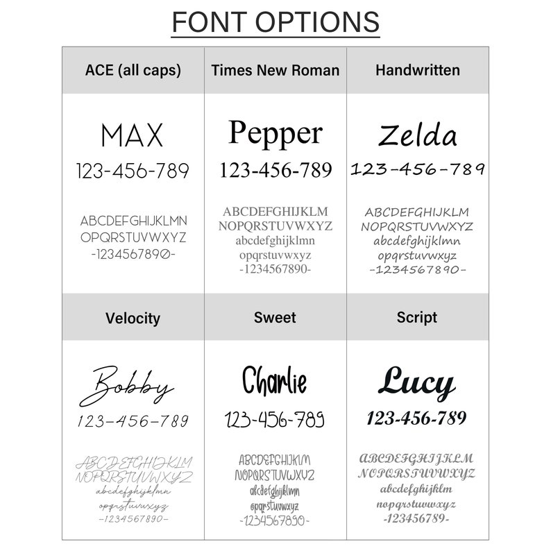 May include: A chart showing different font options for names and phone numbers. The options include ACE (all caps), Times New Roman, and Handwritten. Each option has a sample name and phone number. The names are Max, Pepper, Zelda, Bobby, Charlie, and Lucy.