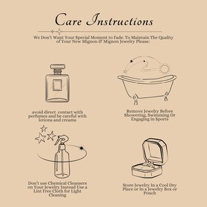 May include: Care instructions for jewelry. Avoid direct contact with perfumes and lotions. Remove jewelry before showering, swimming, or engaging in sports. Store jewelry in a cool, dry place or in a jewelry box or pouch.