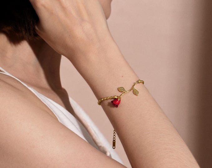 Personalized Beauty and the Beast Wedding Rose Petal Charm Bracelet Jewelry Initial Bracelet Accessories For Mom Nature inspired Jewelry