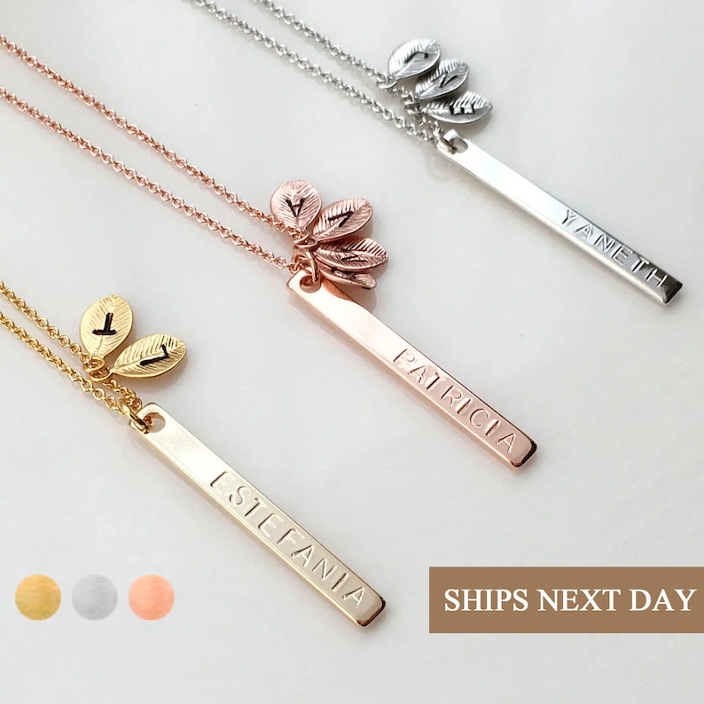 Custom Initial Leaf Bar Necklace Family Tree Necklace Gift for Mom Grandma Gold Name Engraved Necklace Personalized Fall Gift for Her -6N-L 