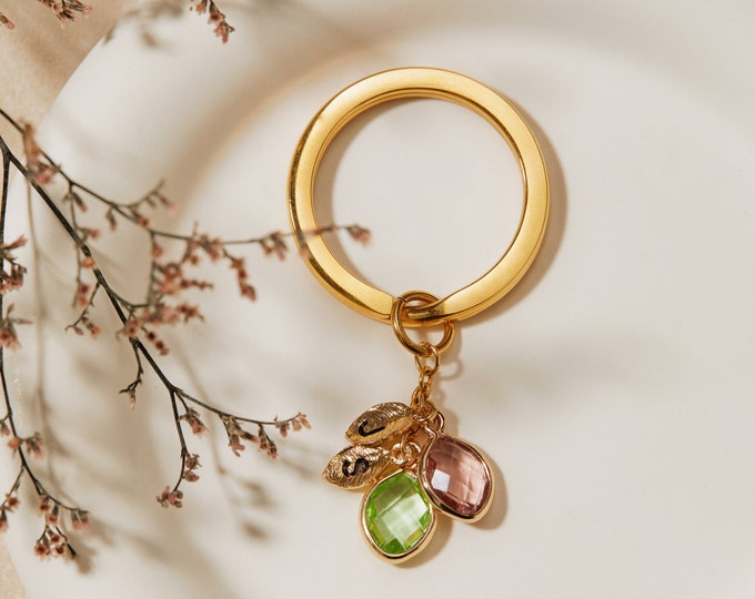 Custom Aquamarine Key Ring for Girl • Personalized Birthstone Keychain • Car Accessory for Woman  • Luxury House Key Chain Gift for Mom