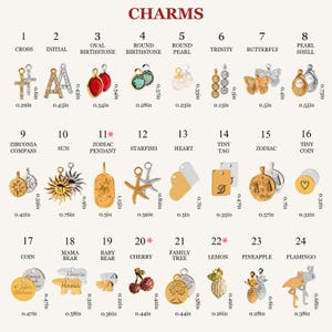 May include: A chart of 24 different charms for jewelry making. The charms are made of metal and feature various designs, including a cross, initial, oval birthstone, round birthstone, round pearl, trinity, butterfly, pearl shell, zirconia compass, sun, zodiac pendant, starfish, heart, tiny tag, zodiac, tiny coin, coin, mama bear, baby bear, cherry, family tree, lemon, pineapple, and flamingo. The charms are all different sizes and are shown with their measurements in inches.
