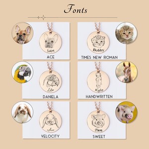 Pet portrait keychains with custom font options: Ace, Times New Roman, Daniela, Handwritten, Velocity, and Sweet. Features engraved pet images including dog, cat, parrot, horse, bunny, and pig, personalized with pet names and unique font styles