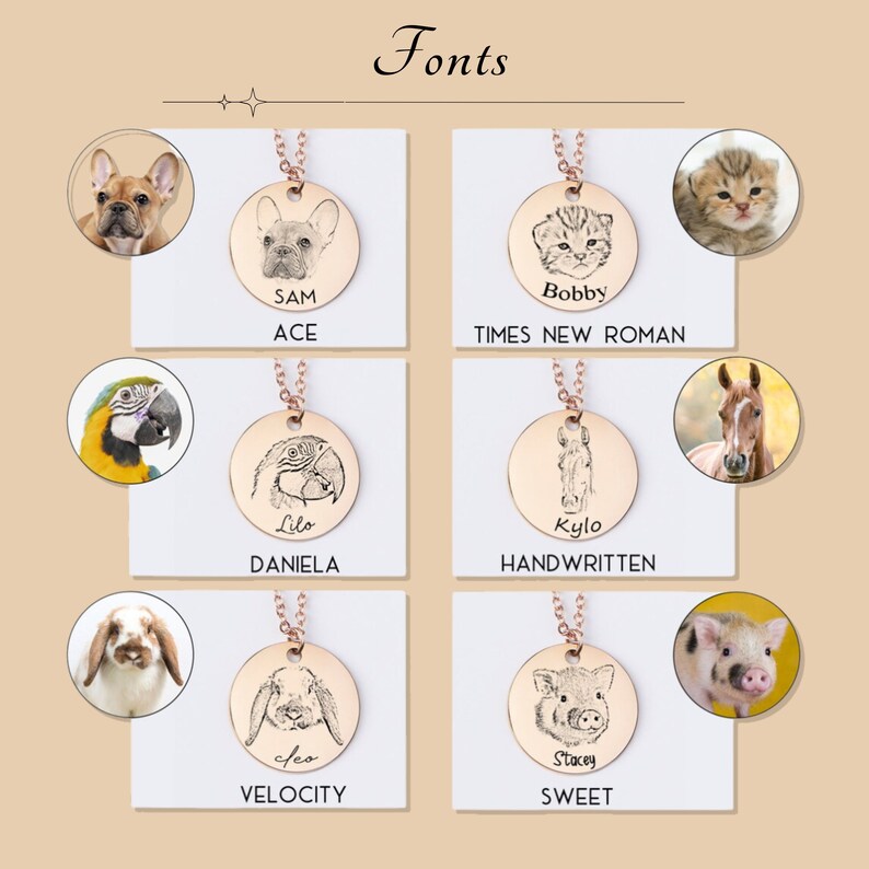 Pet portrait keychains with custom font options: Ace, Times New Roman, Daniela, Handwritten, Velocity, and Sweet. Features engraved pet images including dog, cat, parrot, horse, bunny, and pig, personalized with pet names and unique font styles