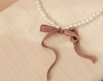 Pearl Bow Necklace, Coquette Ribbon Choker, Birthday Gift For Her, Pearl Strand, Bridal Bridesmaid Gift, Personalized Balletcore Jewelry
