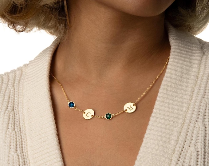 Personalized Sideways Coin Birthstone Necklace for Women Coin Birthstone Jewelry Gifts for Her