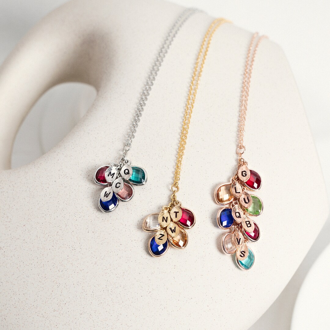 Family Birthstone Necklace With Initial Charm Dainty Necklace Handmade ...