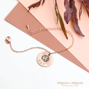 These custom pet portrait bracelets feature engraved pendants in multiple finishes, creating a unique keepsake for pet parents. Celebrate the bond with furry friends, making it an ideal remembrance piece or gift for special occasions like Mothers Day