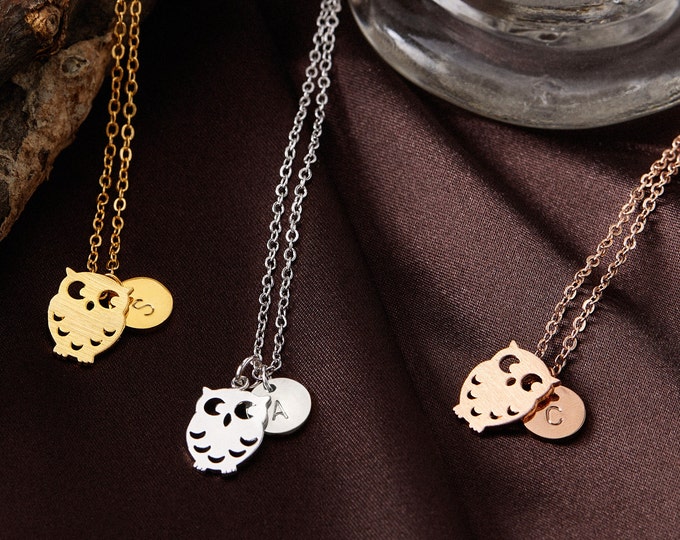 Owl Necklace for Women Kids Necklace with Initial Sisters Simple Owl Charm Necklace Personalized Jewelry Everyday Halloween Necklace