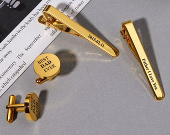 Mens Cuff links and Tie Clip Custom Set Personalized Fathers Day Gift for Men Engrave Cuff Link for Groom Fathers of the Bride