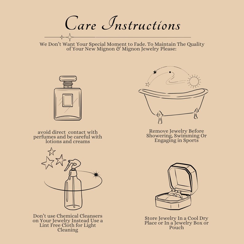 Jewelry care instructions: avoid getting wet, remove before entering water, avoid direct contact with perfume, store neatly when not in use, remove before sleeping, remove before exercising, and clean and polish with a soft cloth.