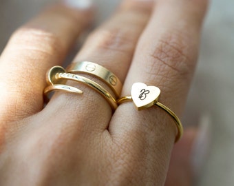 Initial Gold Minimalist Heart Stackable Ring For Women Jewelry Birthday Gift Anniversary Gift for Her Personalized Handmade Mothers Day Gift