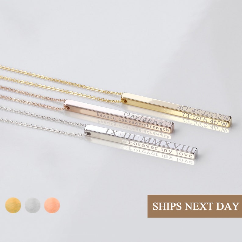 Personalize Engraved Necklace with Name Coordinate Custom Simple Bar Necklace For Women Summer Minimalist Bridesmaid Gift for Her - 4SBN 