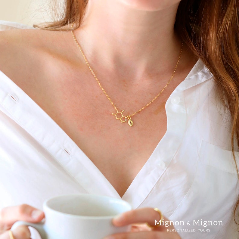 Caffeine Molecule Pendant Initial Necklace Personalized Coffee Lover Necklace Gift Chemistry Necklace Custom Hand Stamped Mother's Day Gift image 4