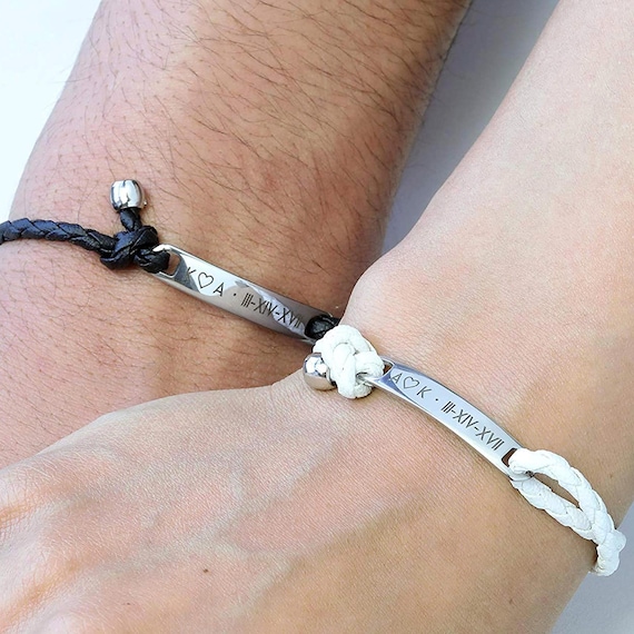 Personalized Matching Couple Leather Bracelet with Names, Unique Father's Day Gift for Couples, Handmade Leather Jewelry for him
