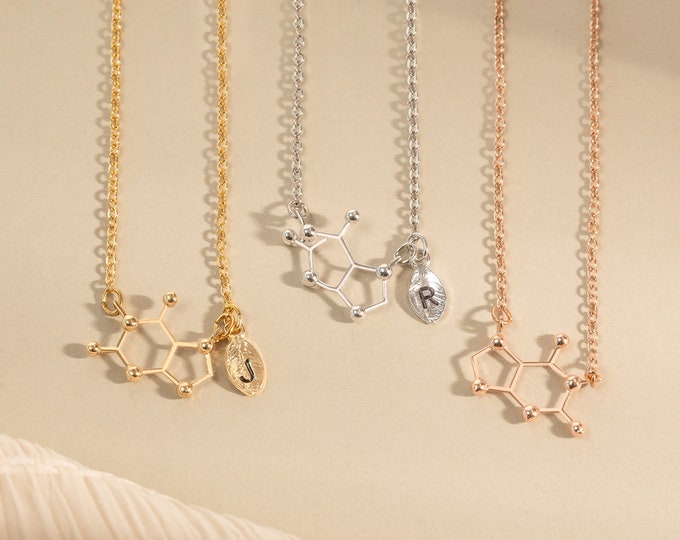 Caffeine Molecule Pendant Initial Necklace Personalized Coffee Lover Necklace Gift Chemistry Necklace Custom Hand Stamped Mother's Day Gift