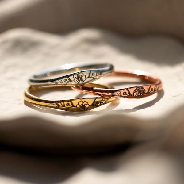 Personalized Jewelry for Her Best Gift for Women Dainty Birth Flower Ring Jewelry Gift Birthday for Her Handmade Engraved Flower Ring