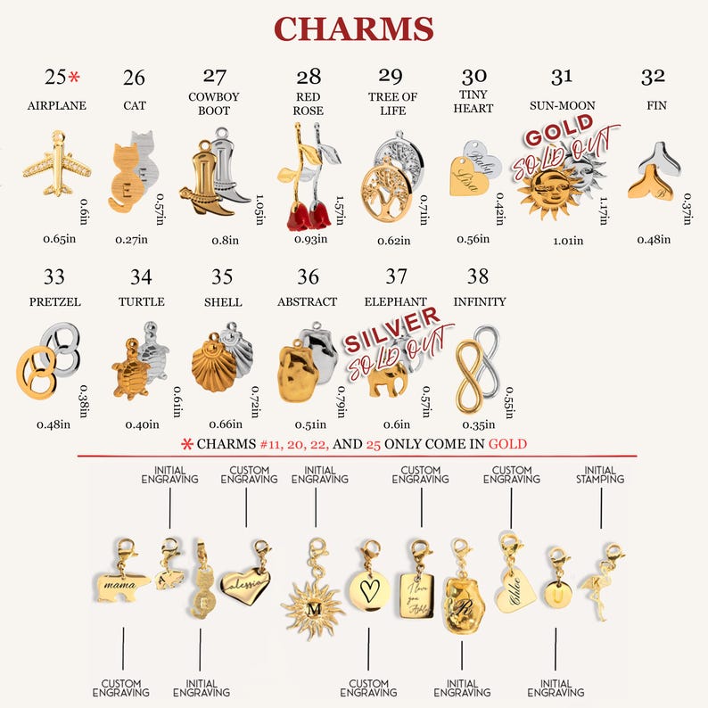 May include: A chart of 38 different charms for jewelry making. The charms are made of gold and silver and feature various designs, including a plane, a cat, a cowboy boot, a red rose, a tree of life, a heart, a sun and moon, a fin, a pretzel, a turtle, a shell, an abstract design, an elephant, and an infinity symbol. The chart also includes information about the size of each charm in inches.