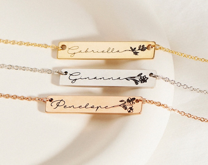Custom Birth Flower Necklace • Dainty Flower Name Necklace For Her • Personalized Gift For Mother's Day  • Graduation Engraved Bar Necklace