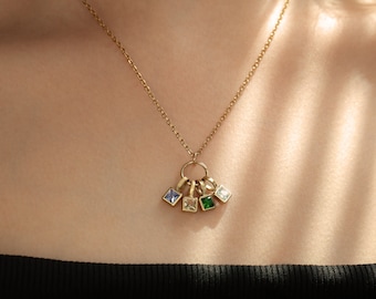 Familie geboortesteen gouden ketting voor Moederdag, oma cadeau, vierkante geboortesteen ketting, Emerald Alexandrite ketting