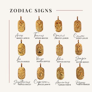May include: Twelve gold zodiac sign charms with sparkling rhinestones. Each charm features a unique zodiac symbol and the corresponding dates. The charms are arranged in two rows of six.